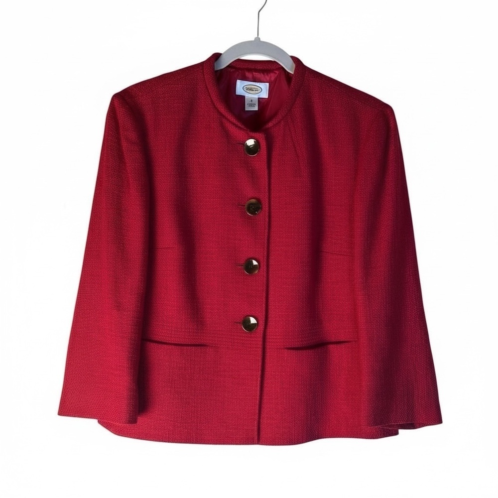 Talbots Cotton Blend Textured Red Cropped Collarless Career Jacket Blazer Size 8